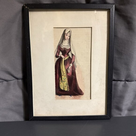 Antique Dark Thin Oak Mission Arts & Crafts Frame W/ Fashionable Woman 9x7” - Picture 1 of 8